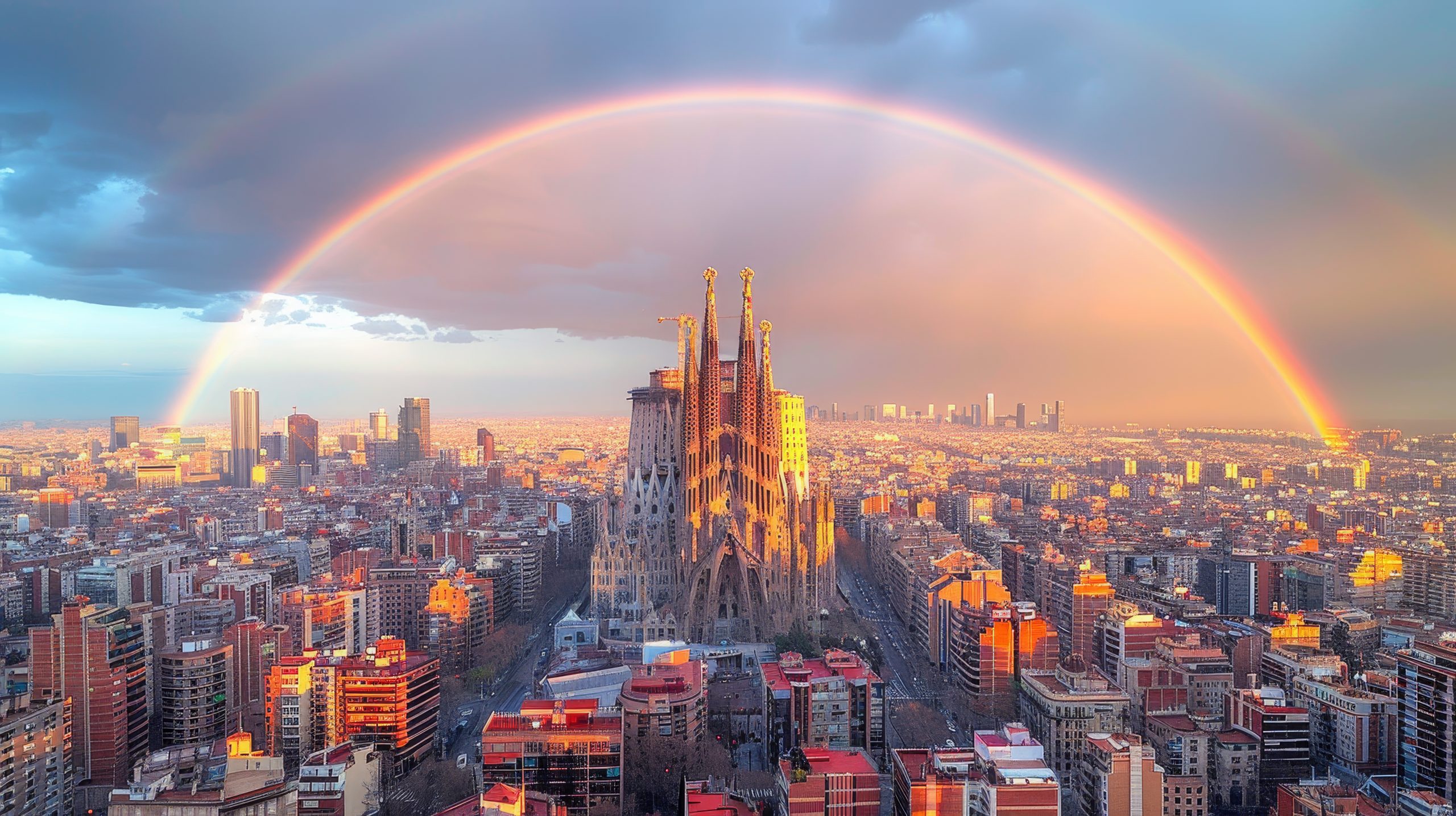 Barcelona and the Future of Smart Cities Aerial view of Barcelona featuring the Sagrada Família and a rainbow over the city skyline, illustrating urban innovation and smart city development.